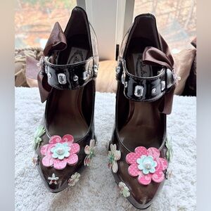 Italina Brown Patent Heels with Personalized Pink & Mint Floral Accents